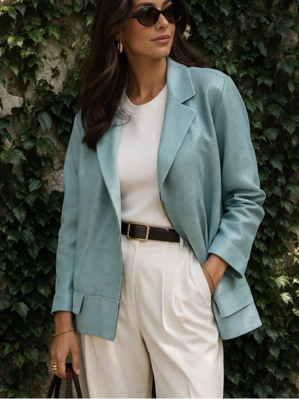 ESCADA Minimalist Turquoise Lamb Leather Pointelle Bomber Jacket, EU 46/US L